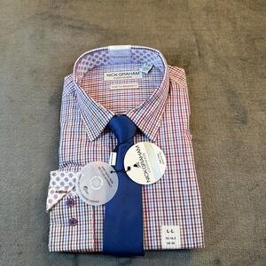 Nick Graham Everywhere Stretch Plaid Dress Shirt and Tie Set Mens Large 16-16.5